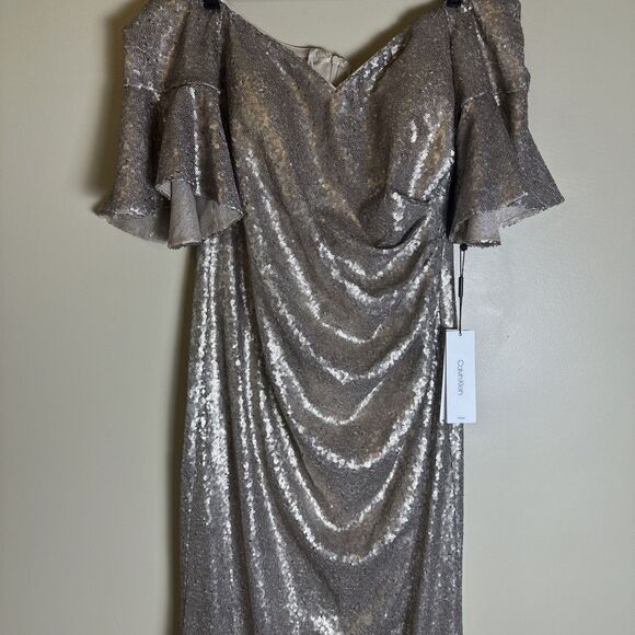 Calvin Klein Gold Sequin Off Shoulder Flutter Sleeve Gown Gathered Waist $298 - Picture 6 of 16